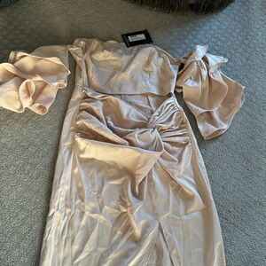 Pretty little thing, pale, pink satin frill sleeve midi dress size 14